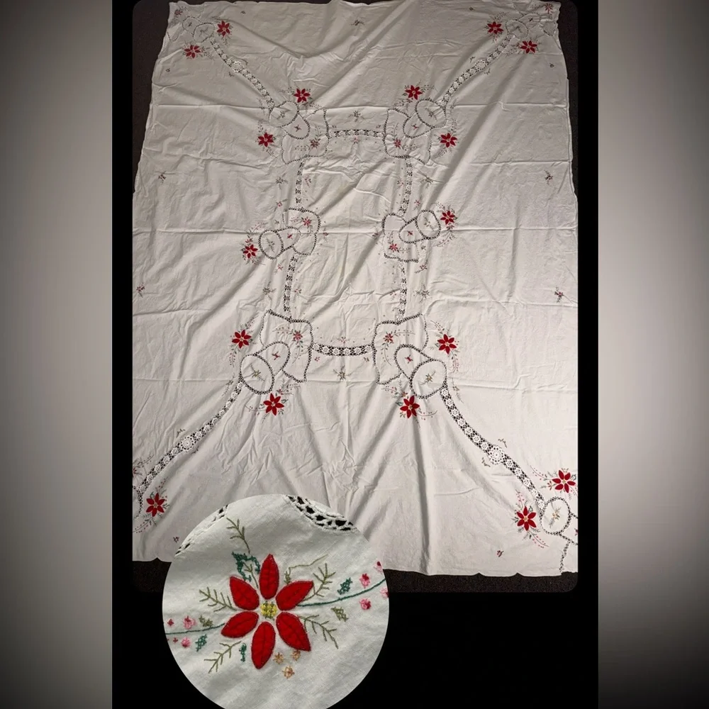 White‎ Floral Embroidered Eyelet Lace 80X60 Cotton Tablecloth Cottagecore